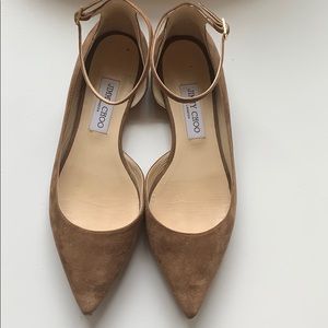 Jimmy Choo tan suede Flats with ankle strap.